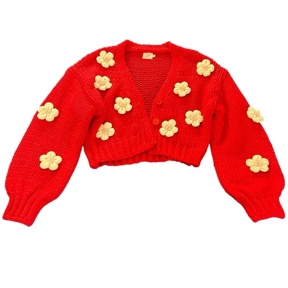 Luna Ivy Red with White Flower Cropped Thick Knit Cardigan Sweater size S - Picture 1 of 8